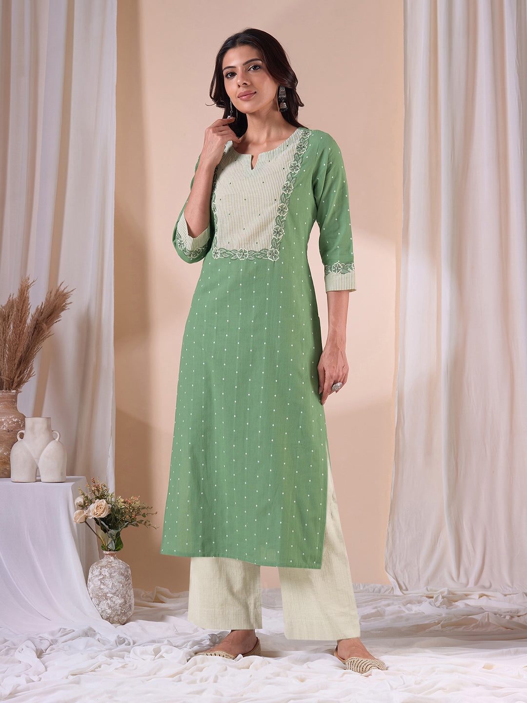 Straight Fit Cotton Dobby Kurta with Cutwork Embroidery & Striped Trim.