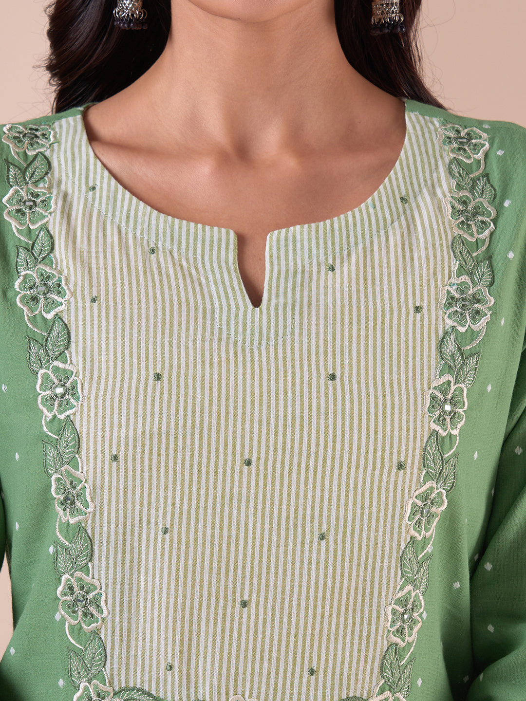 Straight Fit Cotton Dobby Kurta with Cutwork Embroidery & Striped Trim.