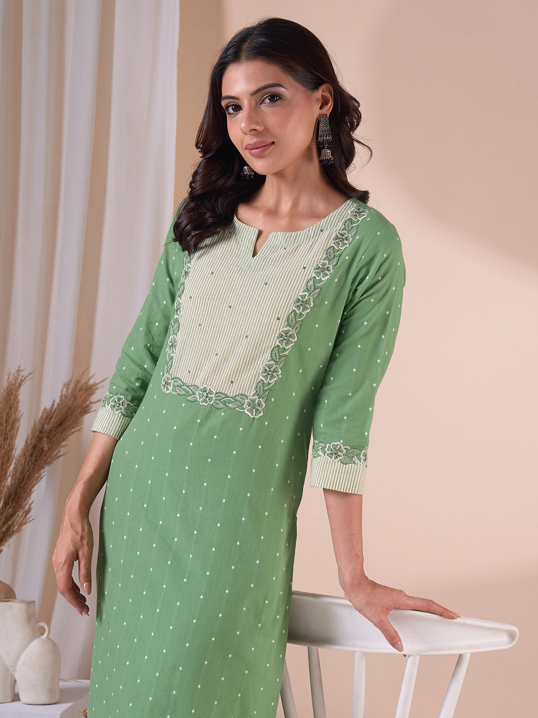 Straight Fit Cotton Dobby Kurta with Cutwork Embroidery & Striped Trim.