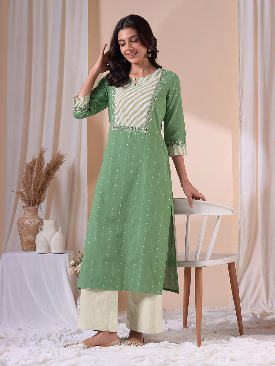 Straight Fit Cotton Dobby Kurta with Cutwork Embroidery & Striped Trim.