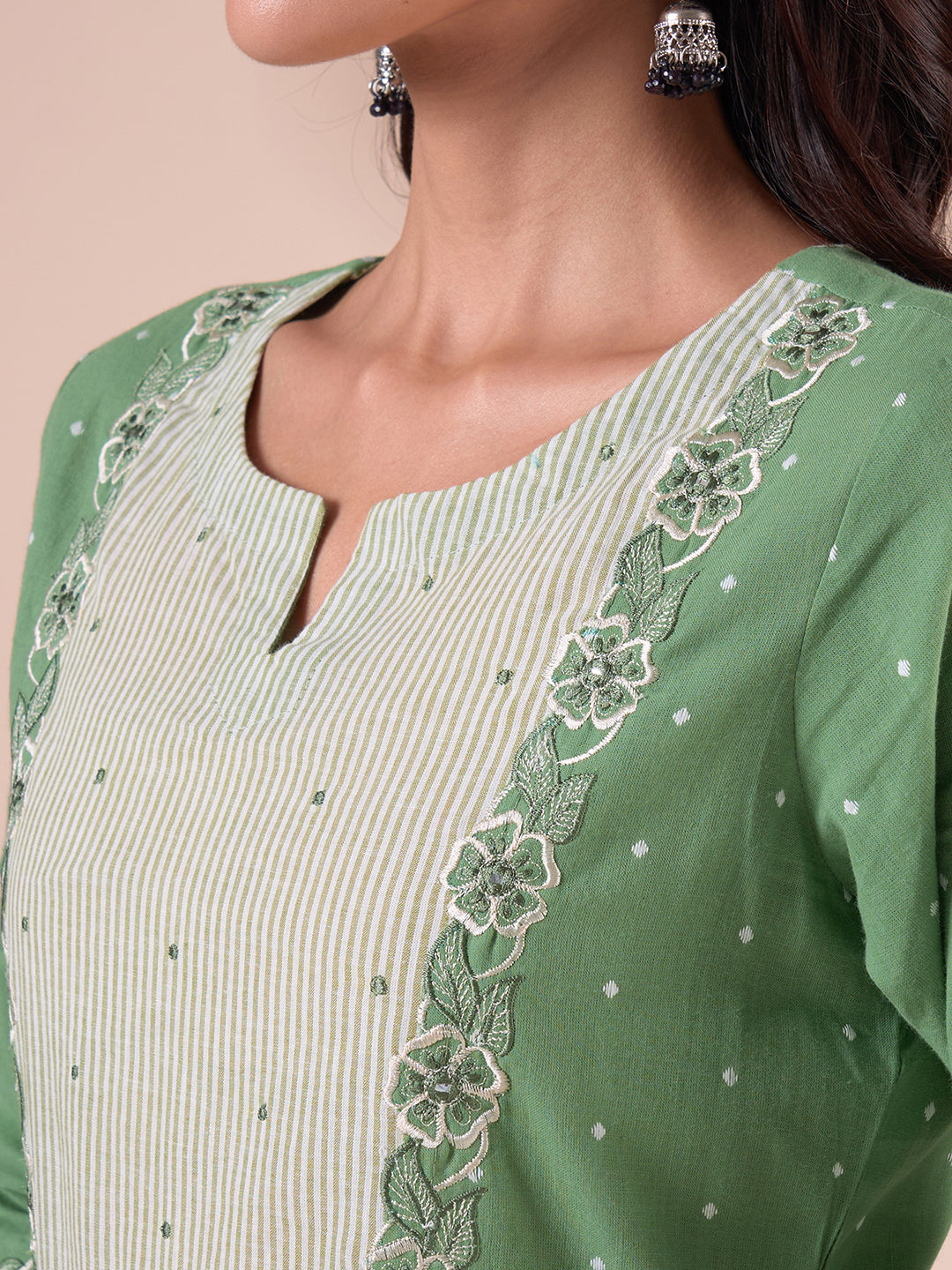 Straight Fit Cotton Dobby Kurta with Cutwork Embroidery & Striped Trim.