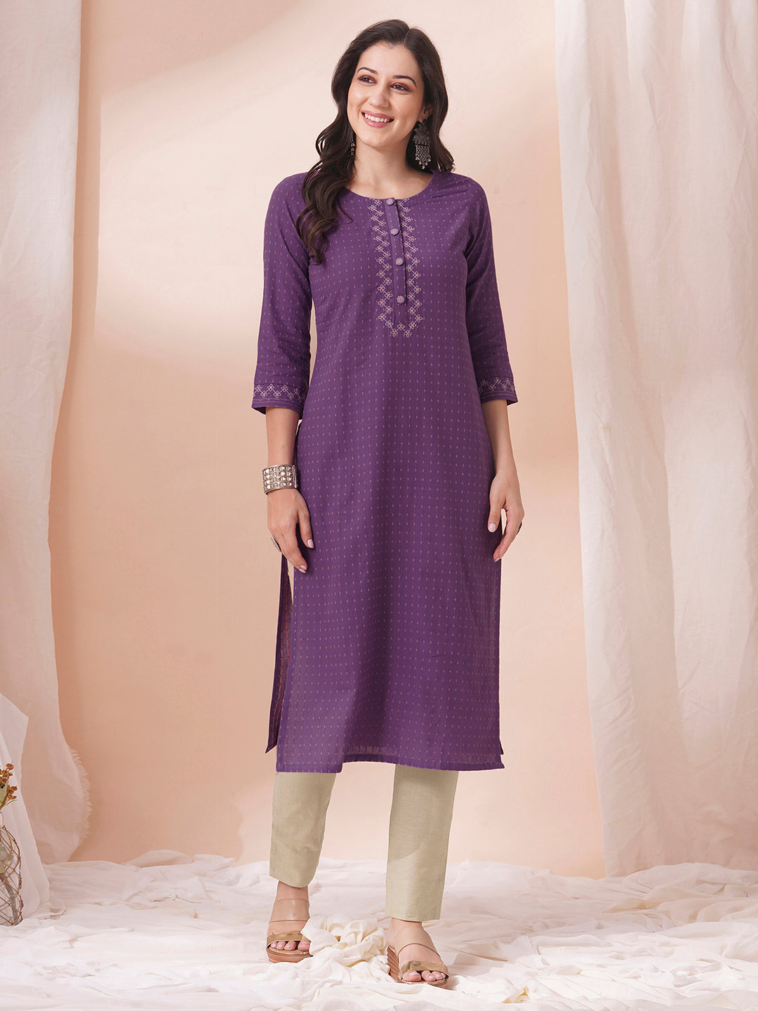 Embroidered straight fit cotton dobby kurta.