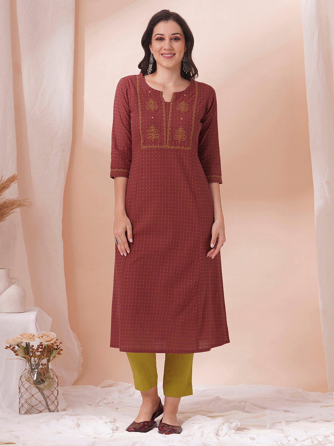 Embroidered A line cotton dobby kurta with pocket.