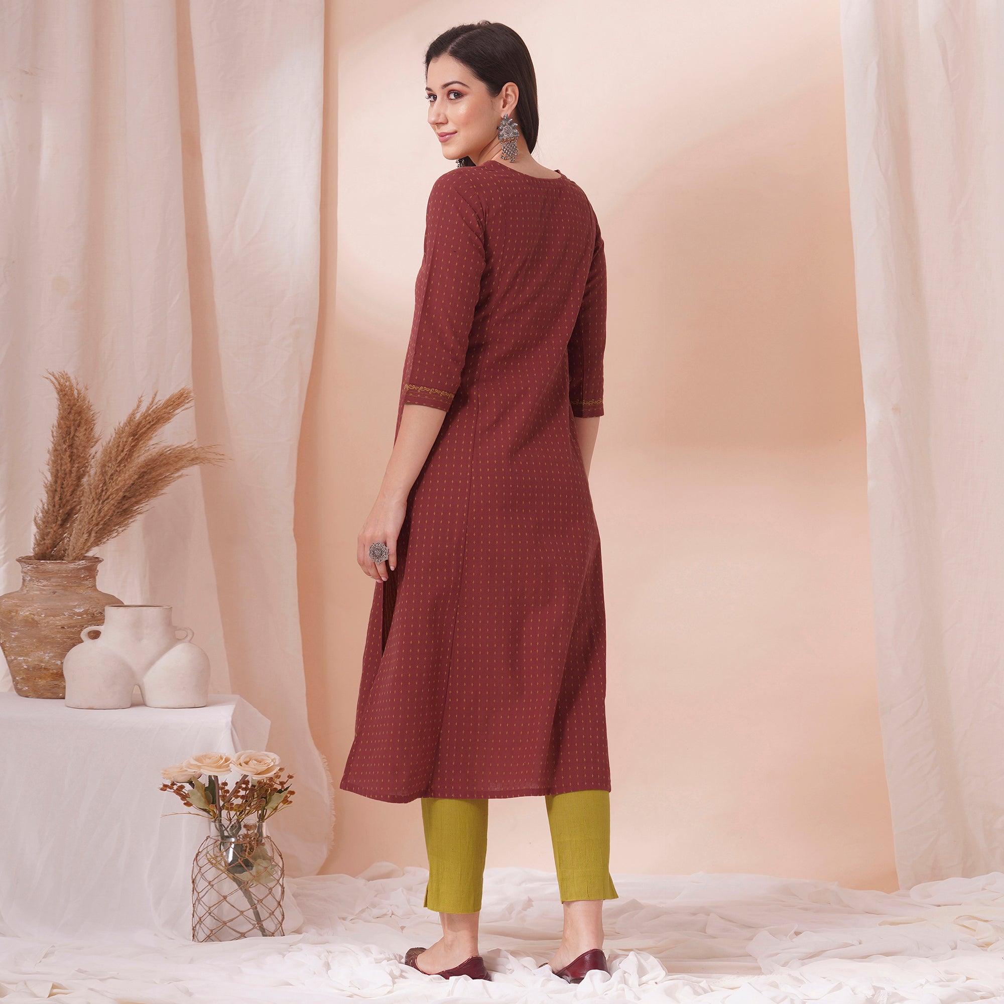 Embroidered A line cotton dobby kurta with pocket.