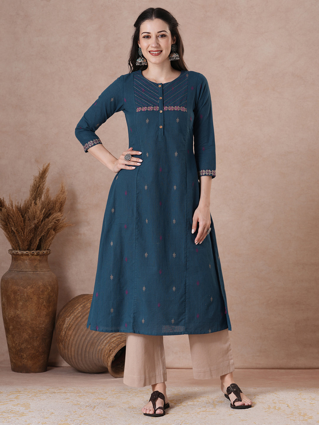 Cotton Dobby A-Line Kurta with couching line and Embroidered.