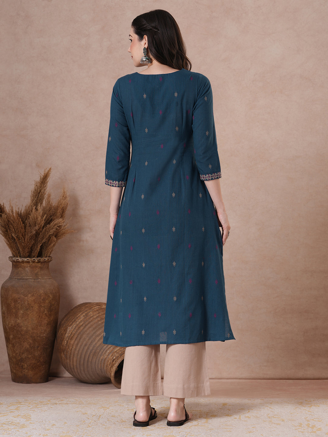 Cotton Dobby A-Line Kurta with couching line and Embroidered.