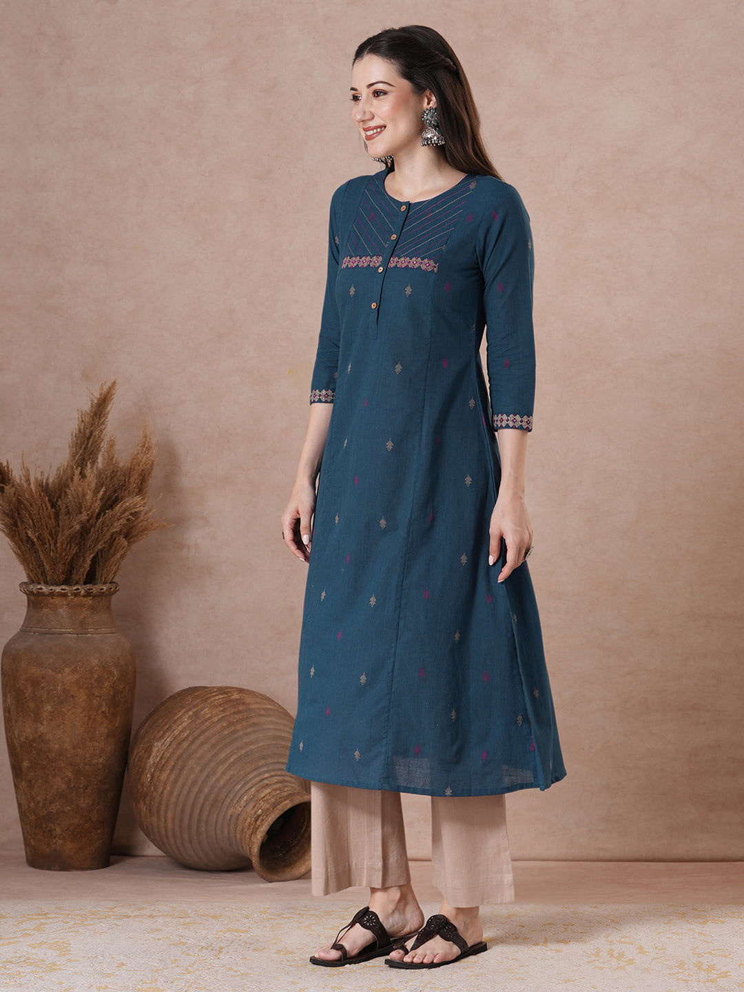 A-Line Kurta in Cotton Dobby Fabric with Couching Line Work and Embroidery