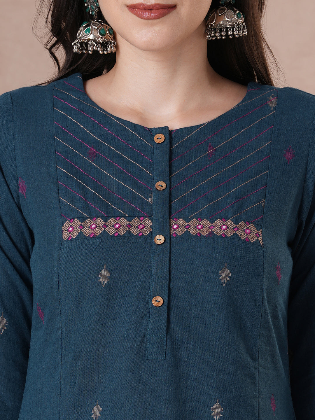 A-Line Kurta in Cotton Dobby Fabric with Couching Line Work and Embroidery