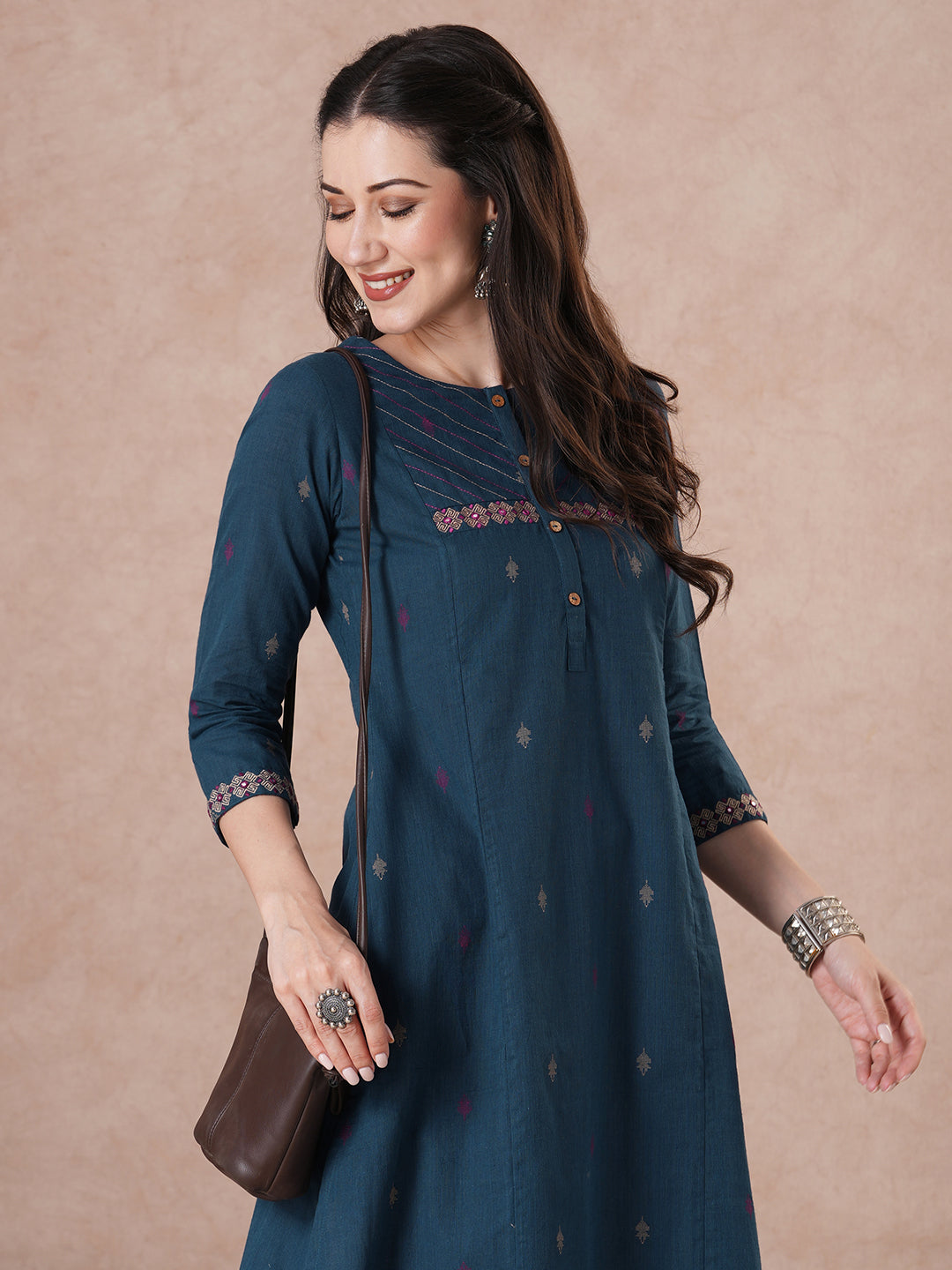 A-Line Kurta in Cotton Dobby Fabric with Couching Line Work and Embroidery
