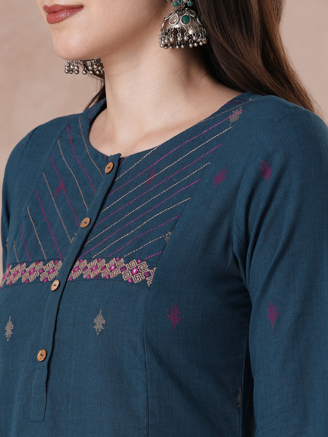 A-Line Kurta in Cotton Dobby Fabric with Couching Line Work and Embroidery