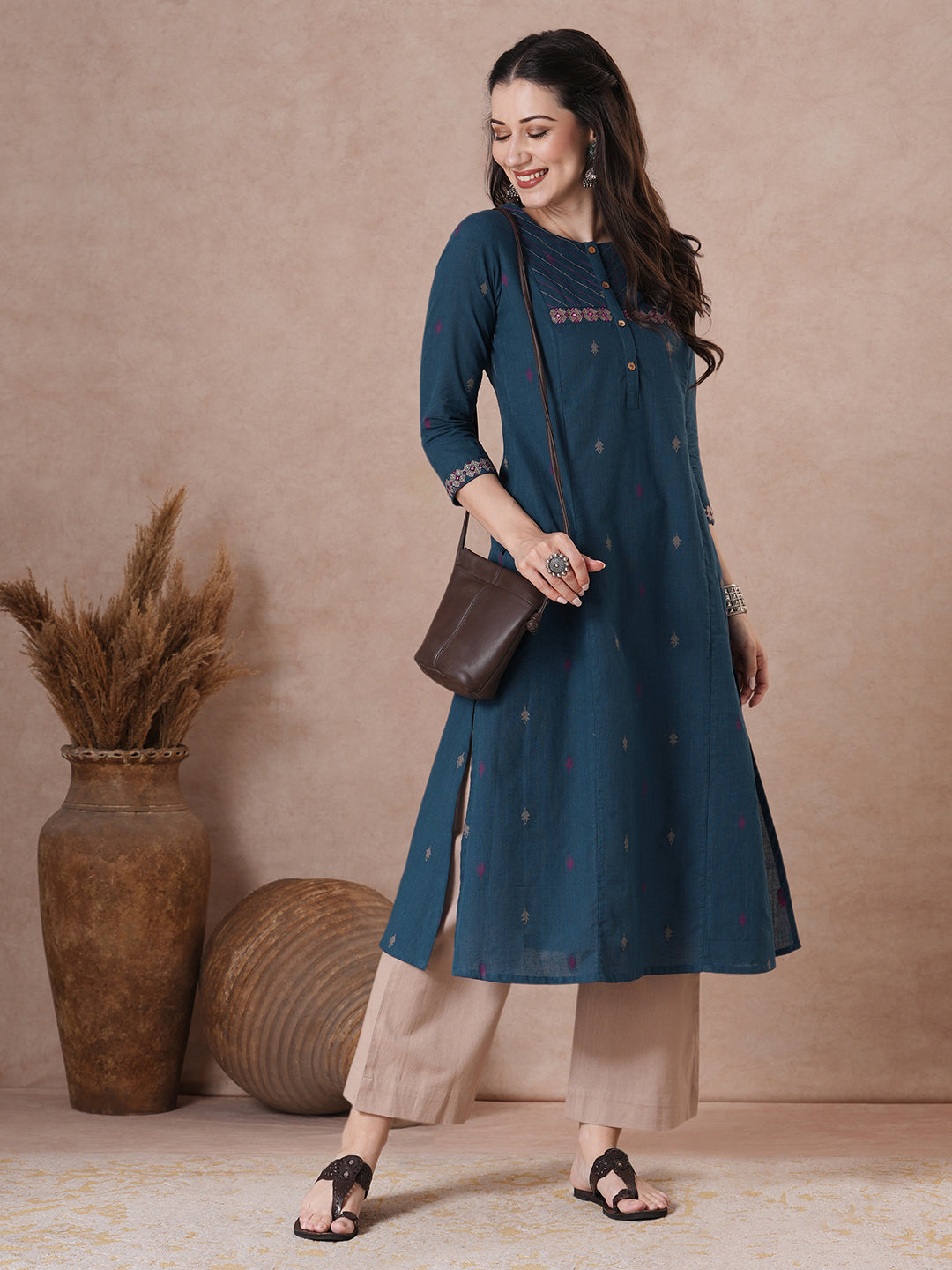 A-Line Kurta in Cotton Dobby Fabric with Couching Line Work and Embroidery