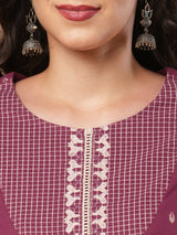 Pleated A-line printed cotton kurta with lace, block print, handwork and pocket.