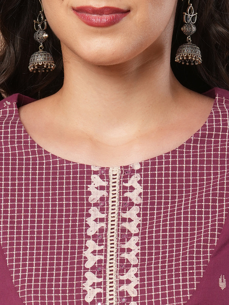 Pleated A-line printed cotton kurta with lace, block print, handwork and pocket.