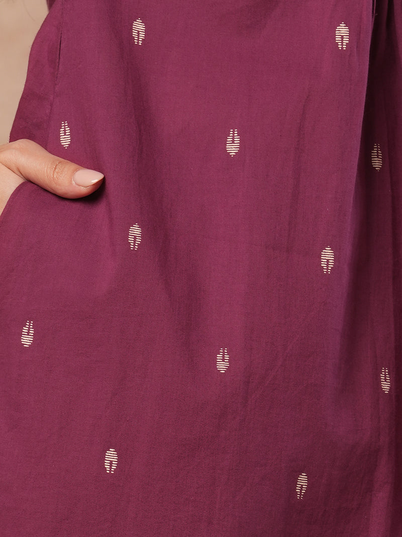 Pleated A-line printed cotton kurta with lace, block print, handwork and pocket.