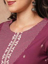 Pleated A-line printed cotton kurta with lace, block print, handwork and pocket.