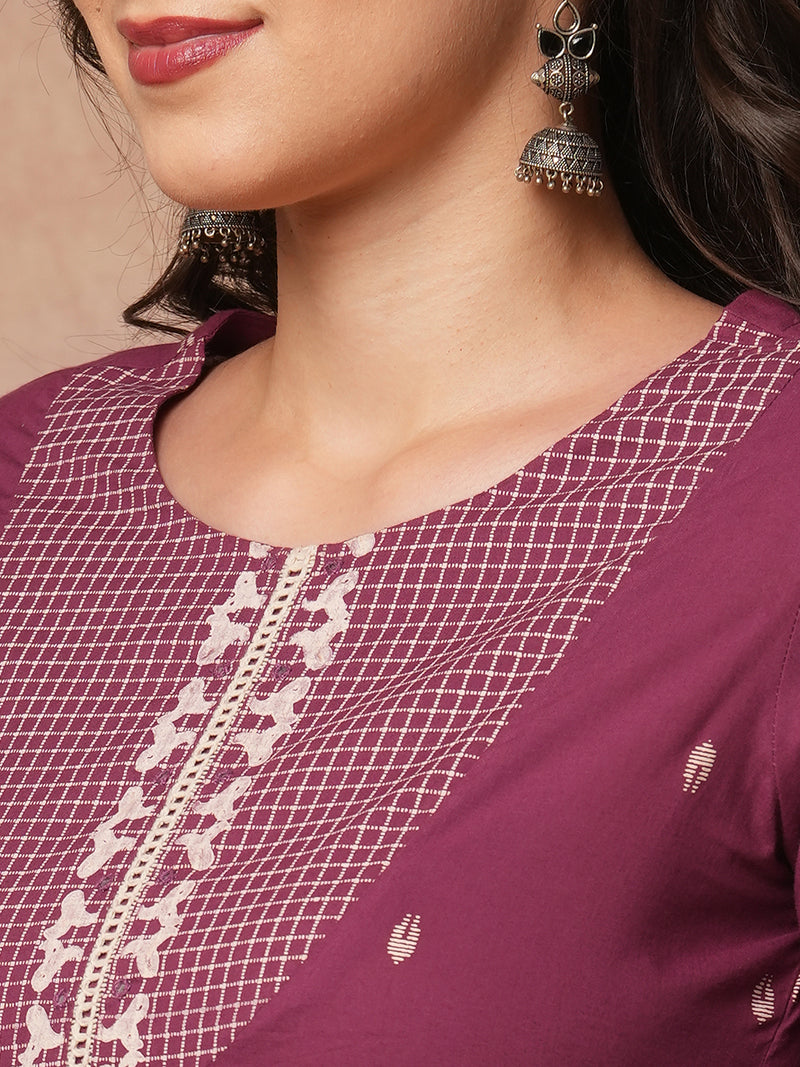 Pleated A-line printed cotton kurta with lace, block print, handwork and pocket.