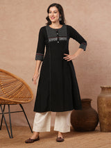Pocketed A-line kurta in cotton slurb fabric with block print and handwork detailing.