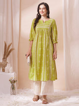 Shoulder princess A-line kurta with a horizontal stripe yoke with pintucks and mirrors.