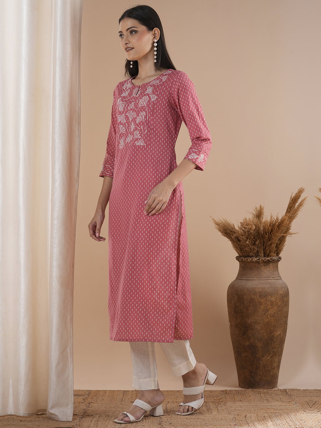 Cotton Straight Fit Printed Flex Kurta with Embroidered Yoke and Cuff Accents