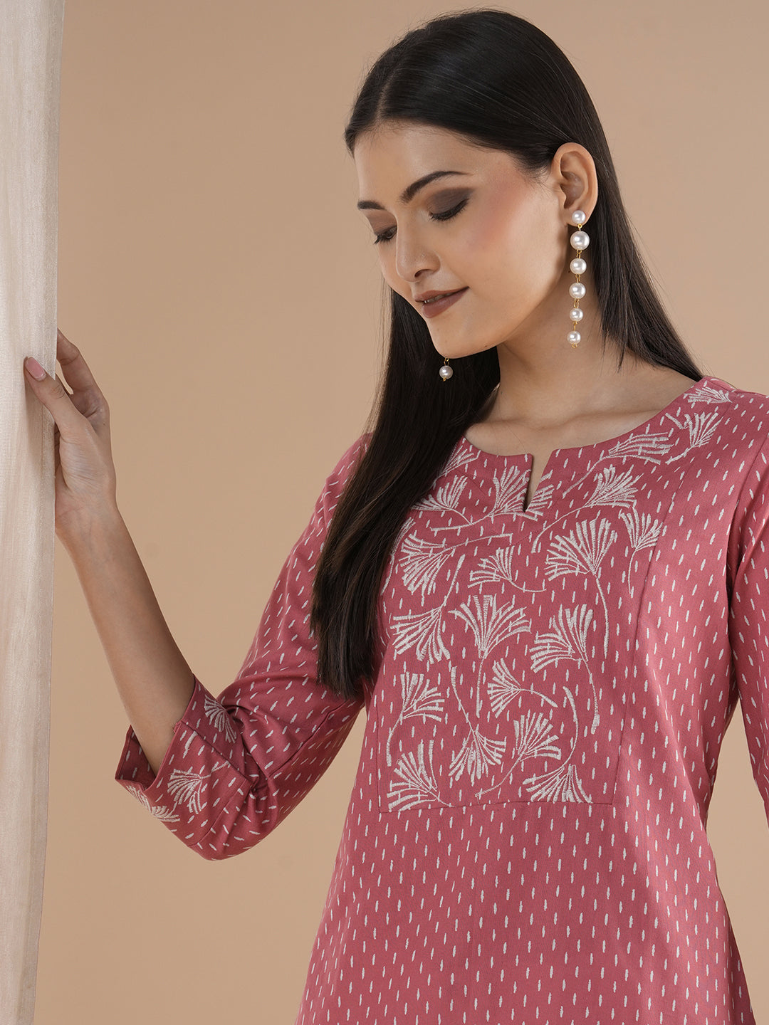 Cotton Straight Fit Printed Flex Kurta with Embroidered Yoke and Cuff Accents