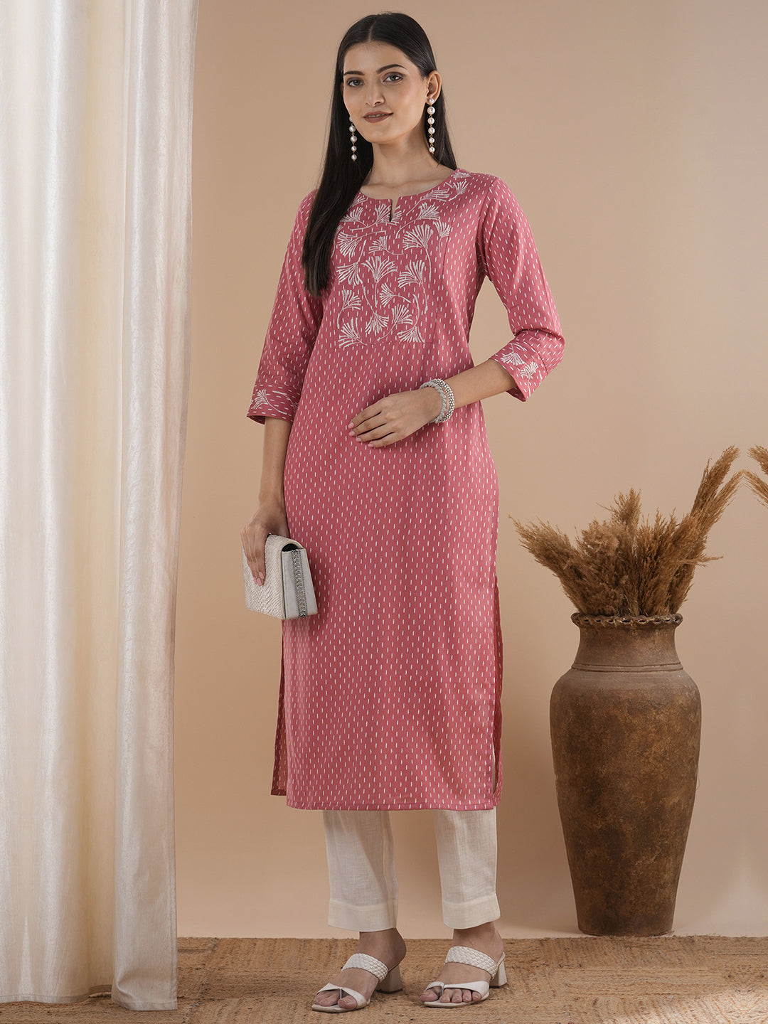 Cotton Straight Fit Printed Flex Kurta with Embroidered Yoke and Cuff Accents