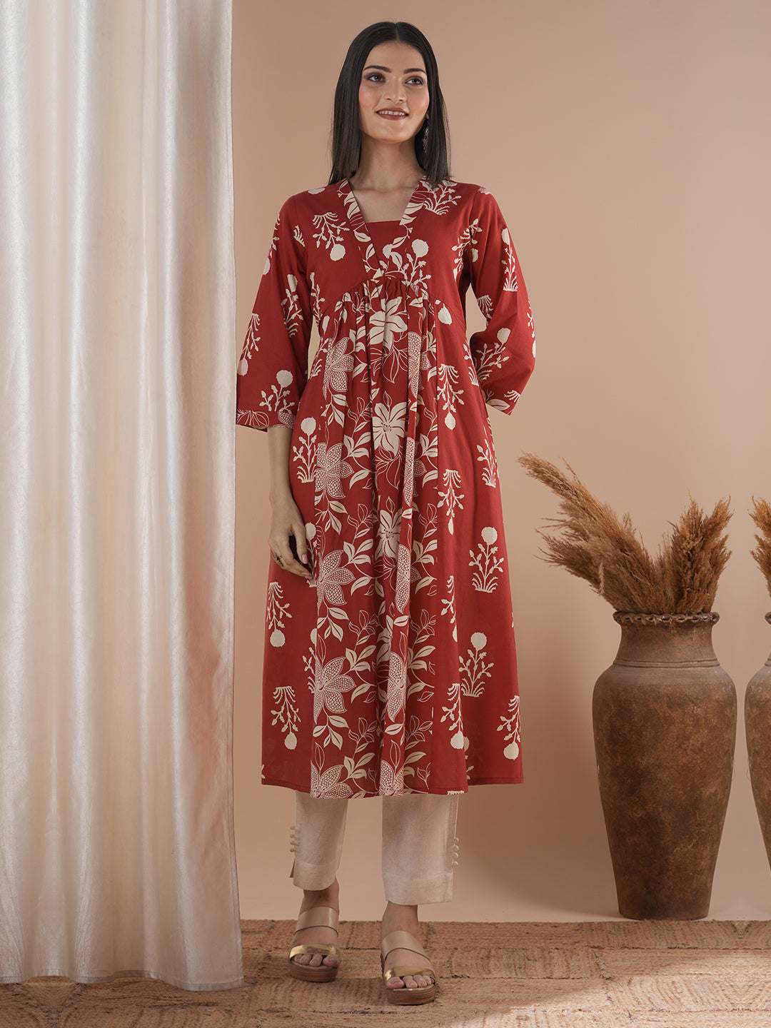 Flared kurta with shaped waist with contrast print gathered panel in centre with bell sleeves