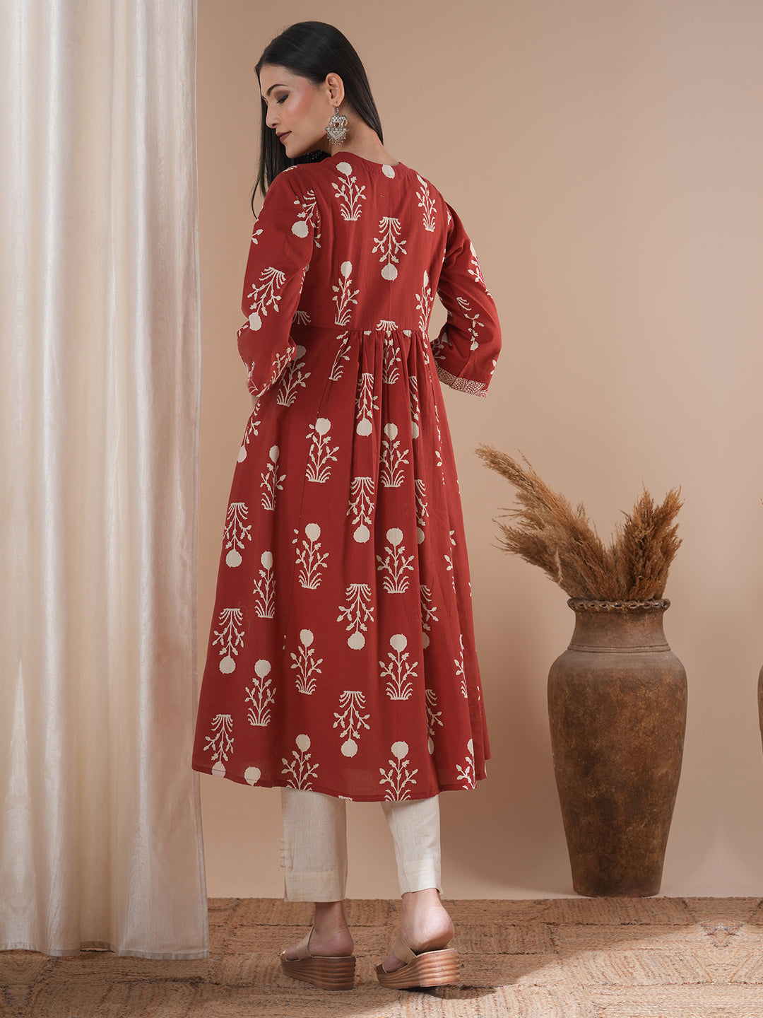 Flared kurta with shaped waist with contrast print gathered panel in centre with bell sleeves