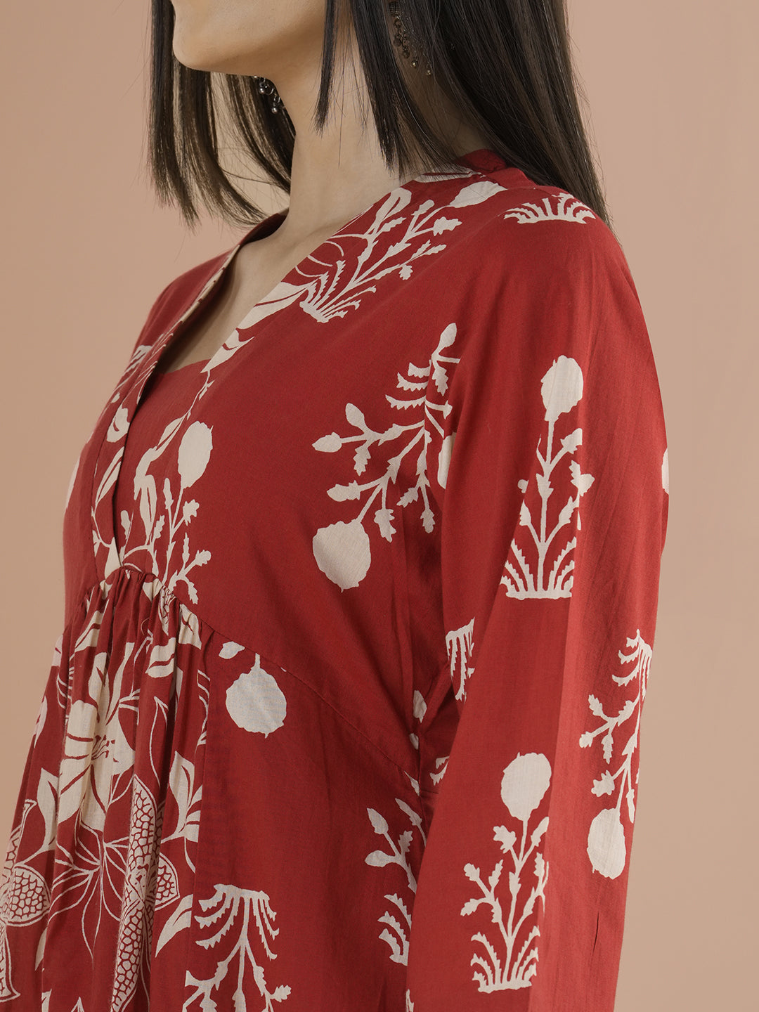 Flared kurta with shaped waist with contrast print gathered panel in centre with bell sleeves