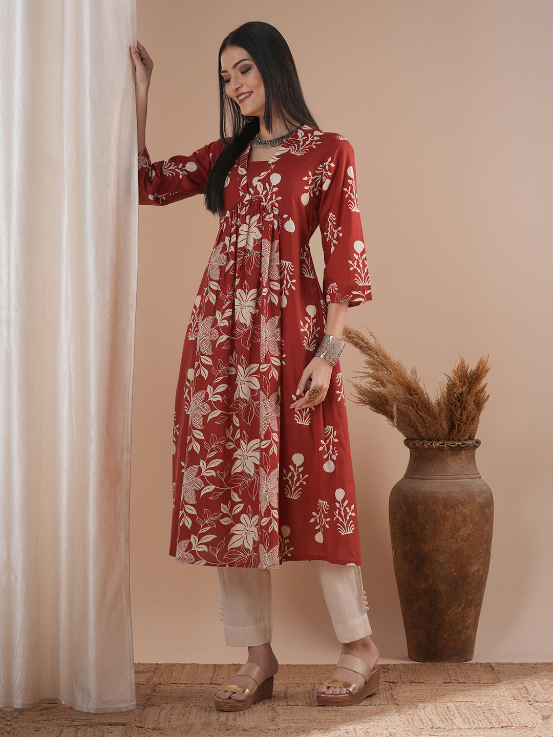 Flared kurta with shaped waist with contrast print gathered panel in centre with bell sleeves