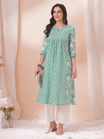 Stylish Armhole Princess Cotton A-Line Kurta with Contrast Print Centre Panels and Under-Bust Gather Detailing
