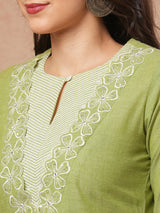 A-line kurta with cutwork embroidery neckline and sleeves and metered stripe yoke.