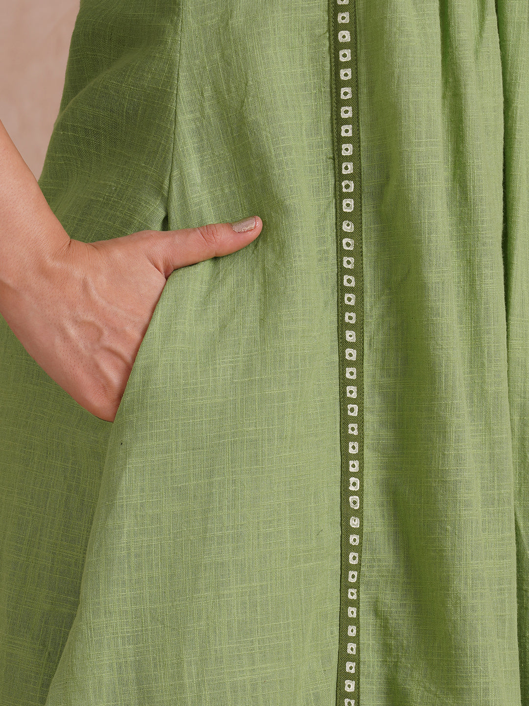 A-line kurta with contrast borders on seams and sleeves with block printed yoke.