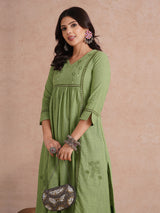 A-line kurta with contrast borders on seams and sleeves with block printed yoke.