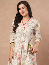 A-line printed kurta with embroidery and box pleated sleeves with contrast piping detailing.