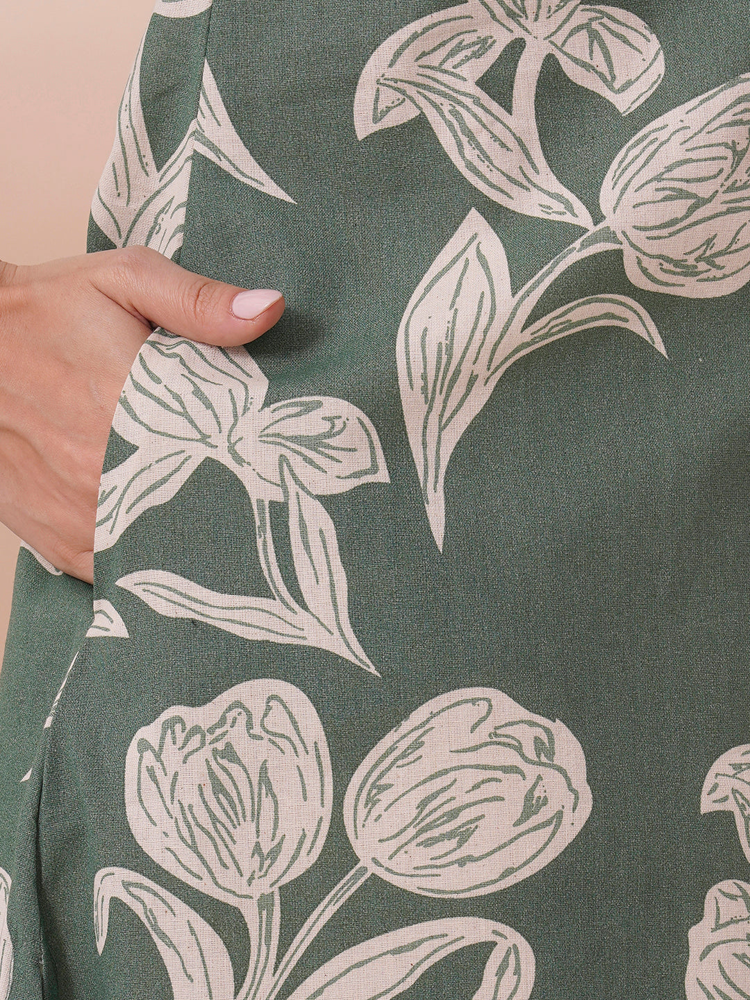 A flex printed A-line kurta with stitch line and lace detailing.