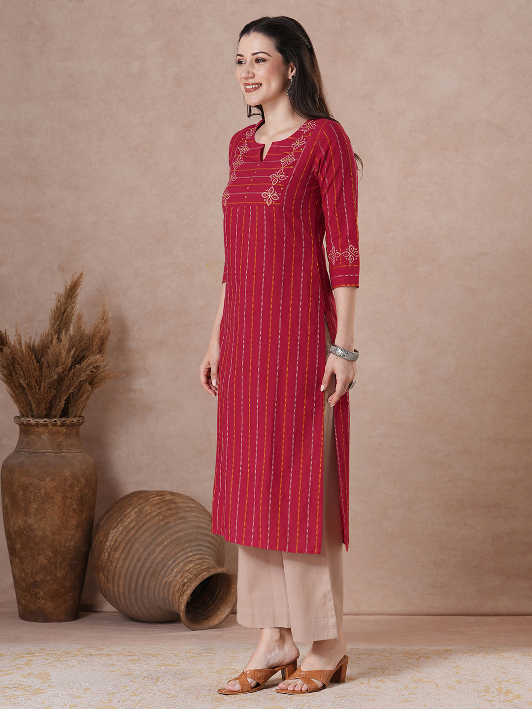 Striped Dobby Block Print Kurta with Mirror Work.
