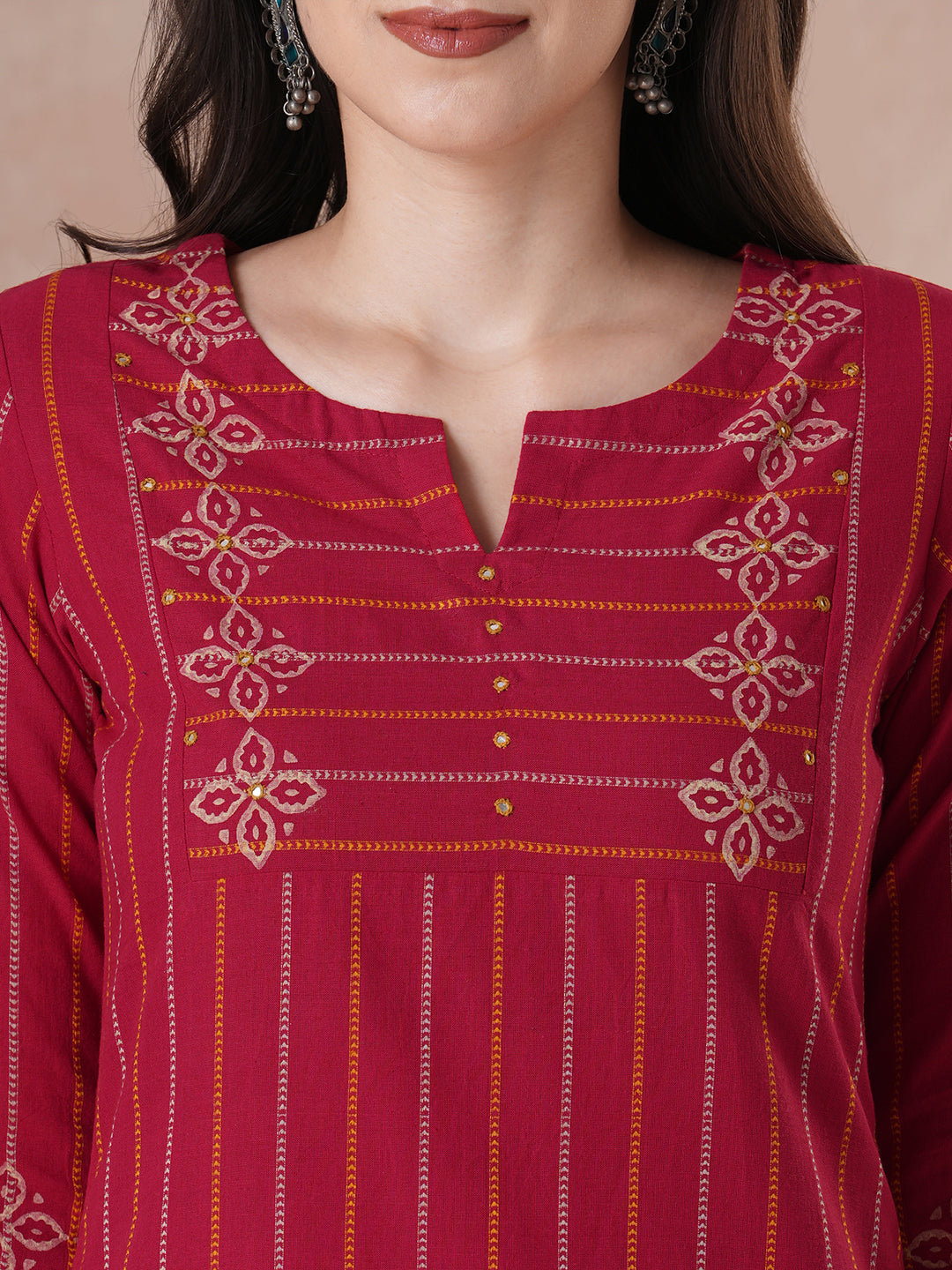 Striped Dobby Block Print Kurta with Mirror Work.