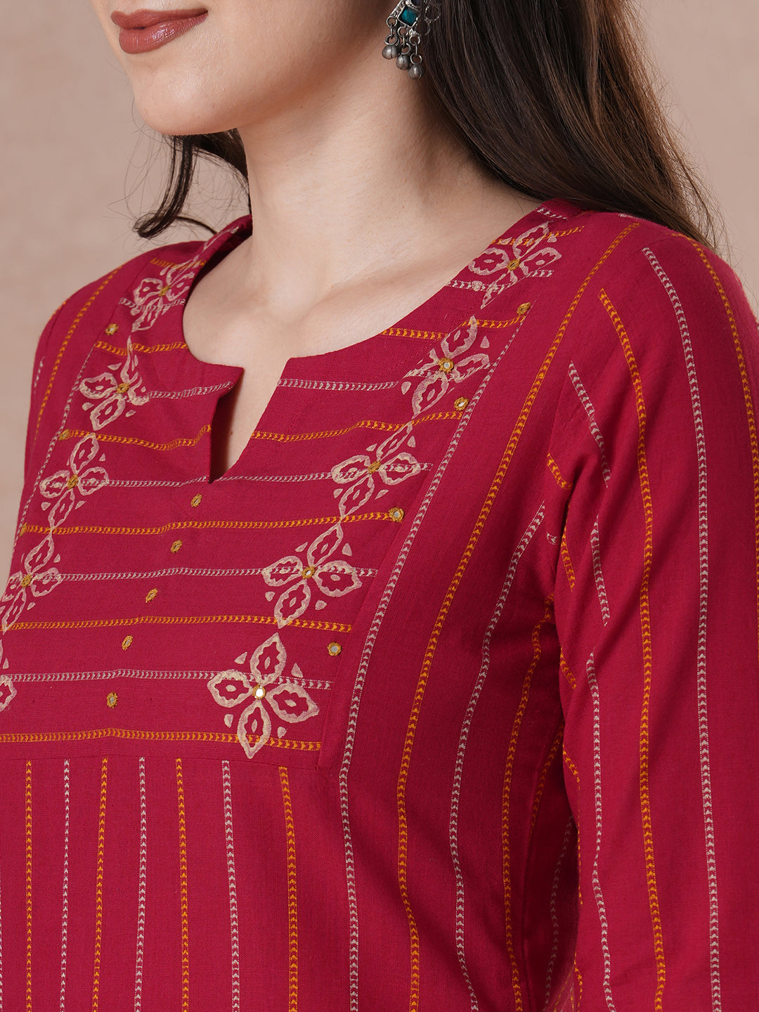 Striped Dobby Block Print Kurta with Mirror Work.