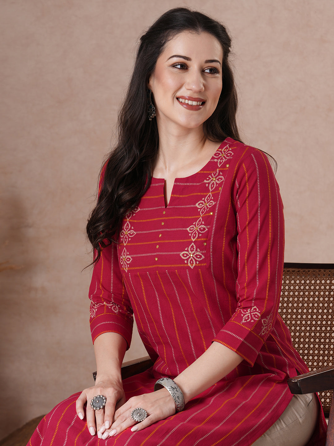 Striped Dobby Block Print Kurta with Mirror Work.