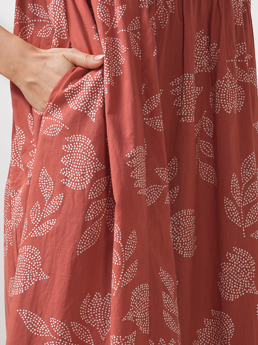 Printed flared kurta with layered waist gathers and trim detailing with handwork mirrors.
