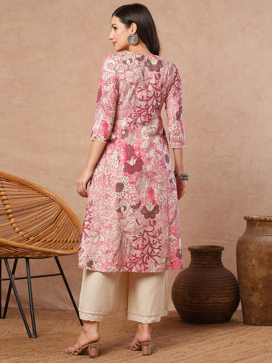 Printed A-line wrap around kurta with lace detailing.