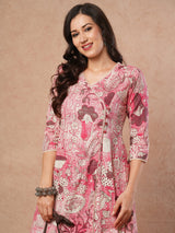 Printed A-line wrap around kurta with lace detailing.