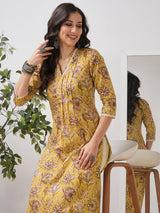 Mustard Yellow Floral Printed Straight Kurta with Lace Detailing.