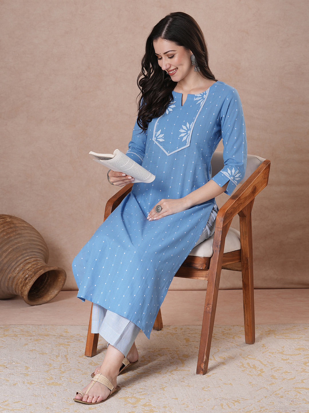 JOYLAND - Straight fit cotton kurta with a shaped block printed yoke and striped piping detail, paired with striped palazzo