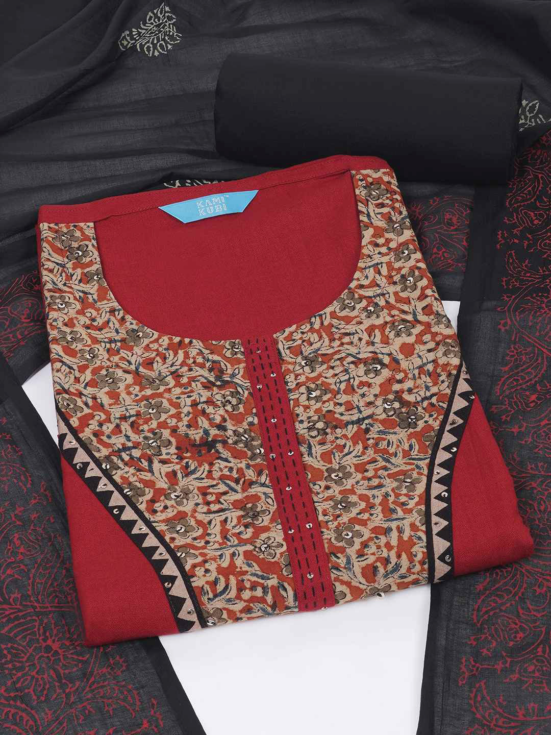 3-piece unstitched set with intricate floral patterns, paired with a contrasting black dupatta & plain bottom.(Maroon)