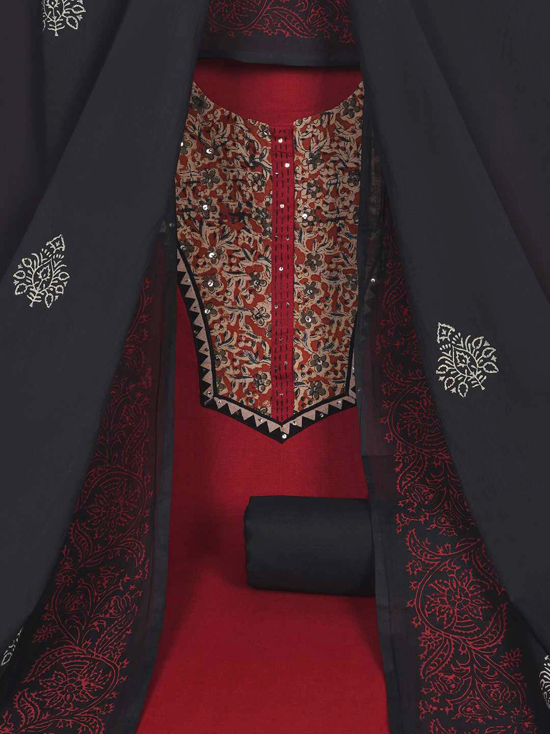 3-piece unstitched set with intricate floral patterns, paired with a contrasting black dupatta & plain bottom.(Maroon)