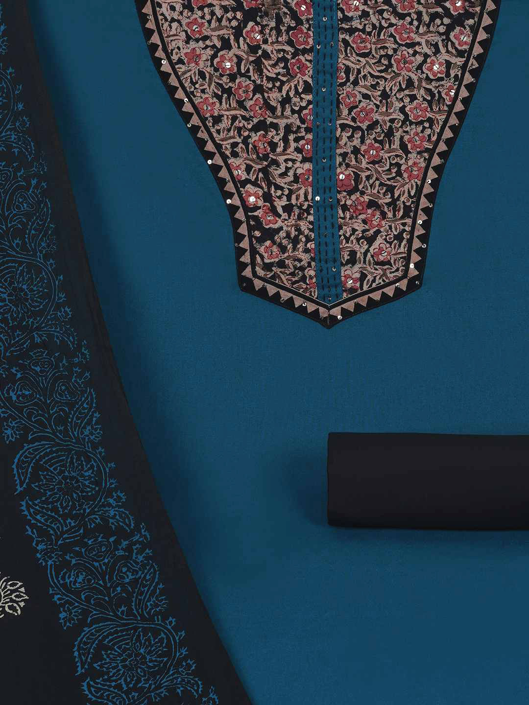 3-piece unstitched set with intricate floral patterns, paired with a contrasting black dupatta & plain bottom.(Blue)