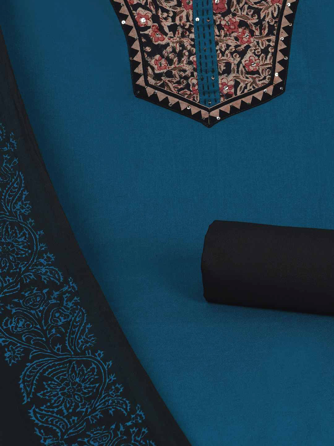 3-piece unstitched set with intricate floral patterns, paired with a contrasting black dupatta & plain bottom.(Blue)