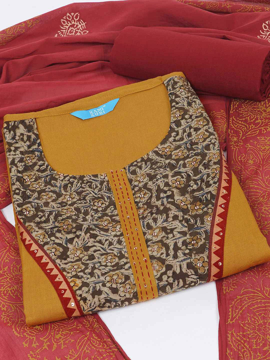 3-piece unstitched set with intricate floral patterns, paired with a contrasting black dupatta & plain bottom.(Yellow)