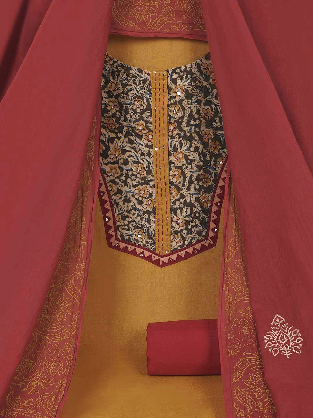 3-piece unstitched set with intricate floral patterns, paired with a contrasting black dupatta & plain bottom.(Yellow)